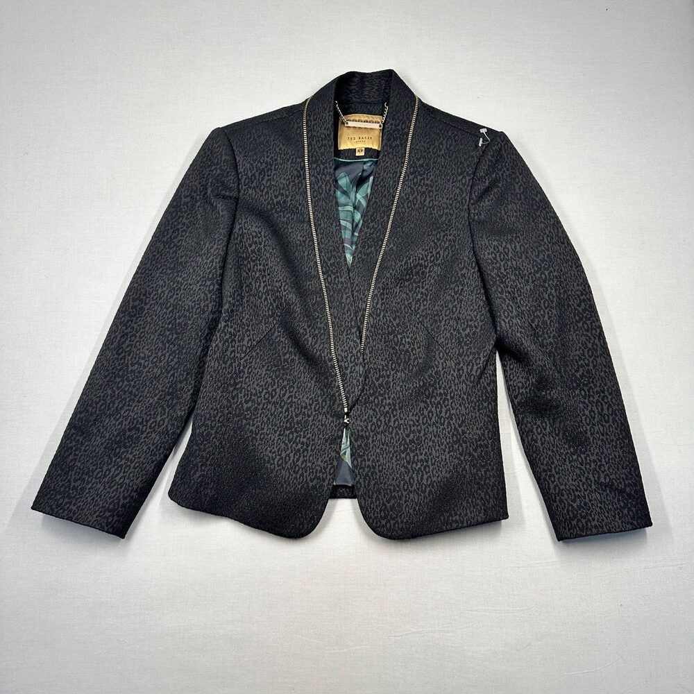 Mob Wife Ted Baker London Leopard Print Zip Front Peplum Blazer Sz 2